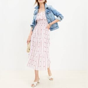 LOFT Pink Stripe Midi Dress with Red Dot Print